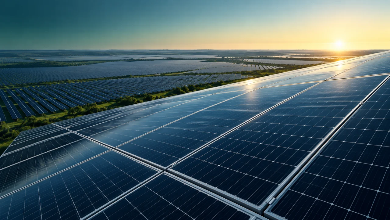 Illustration of sunlit solar panels overlooking a vast solar array