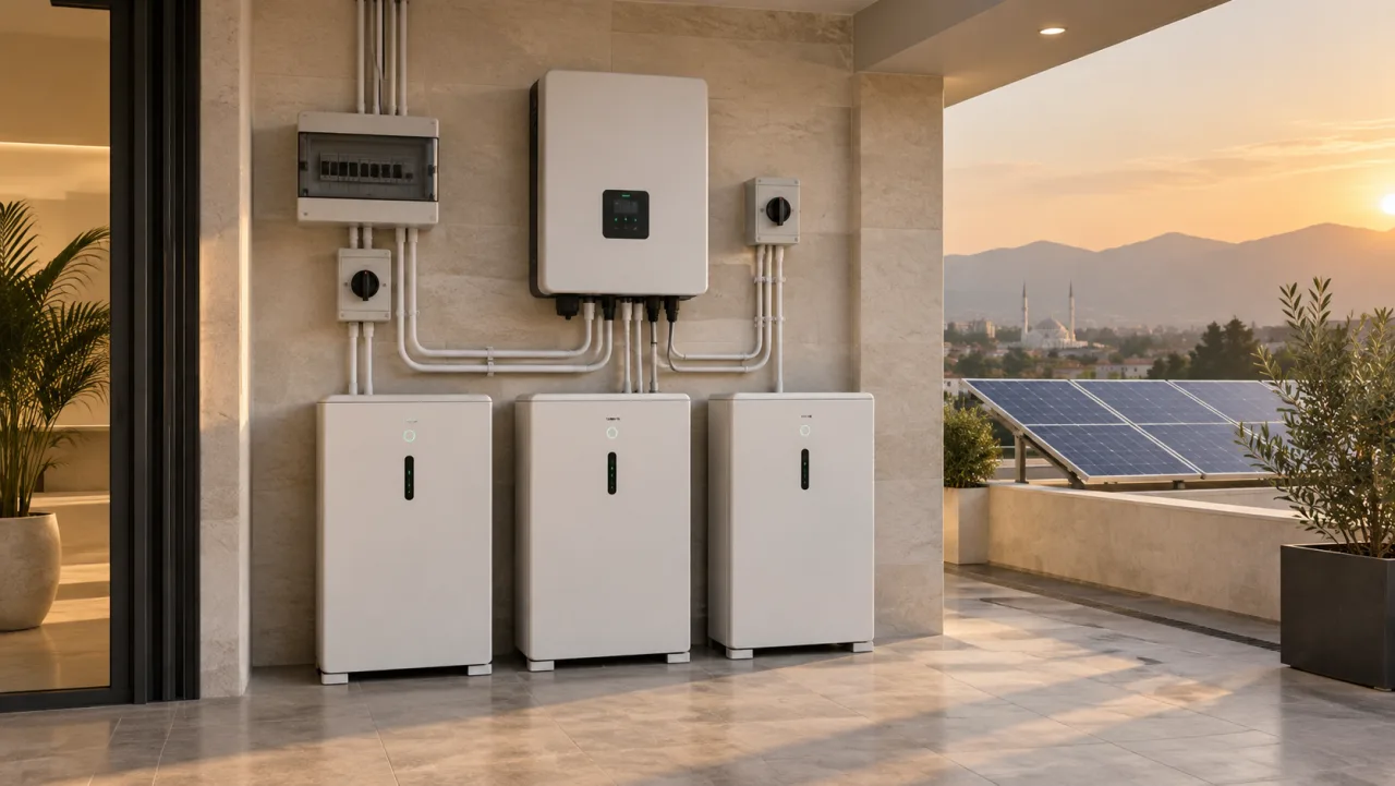 Illustration of a hybrid solar inverter with three battery storage cabinets and solar panels