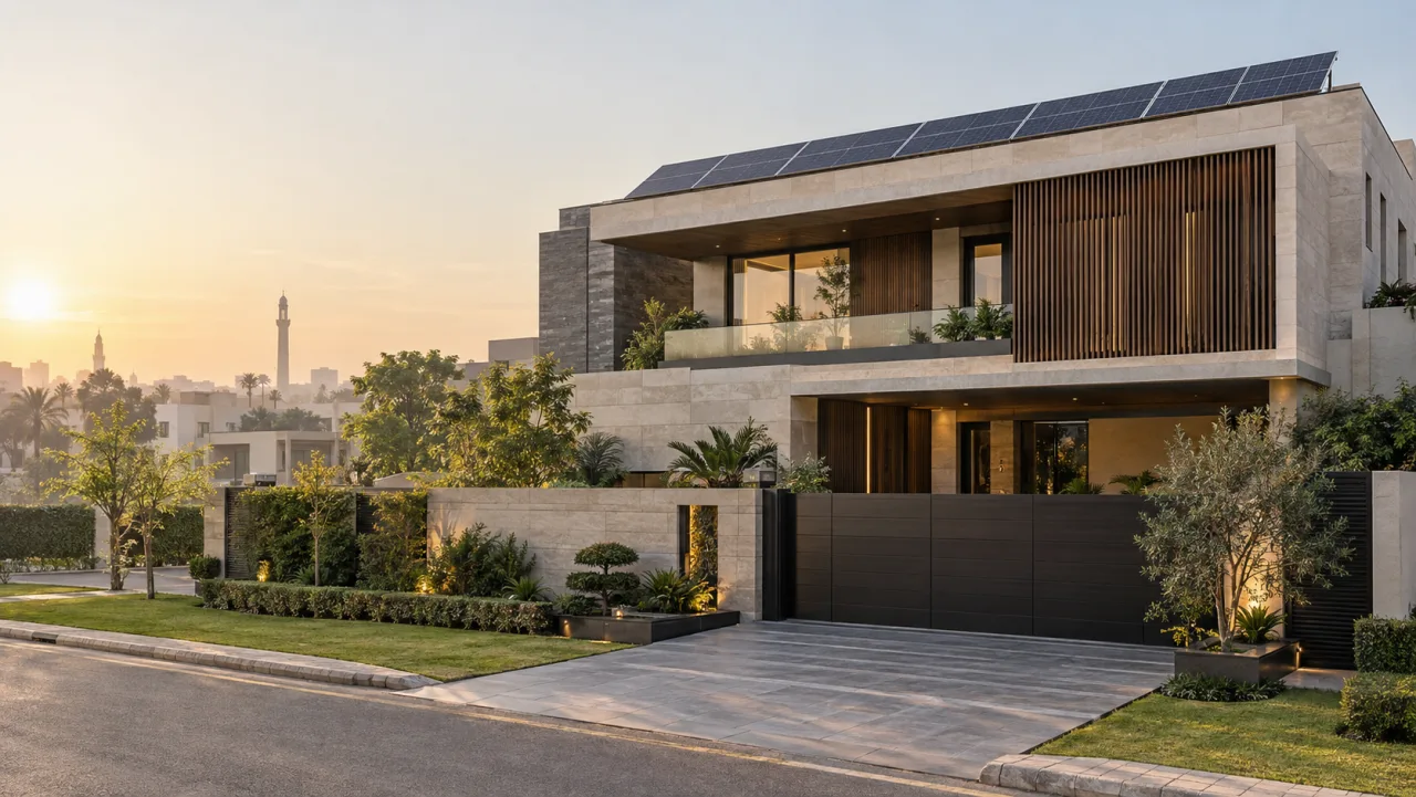 Illustration of a solar-equipped property in Pakistan