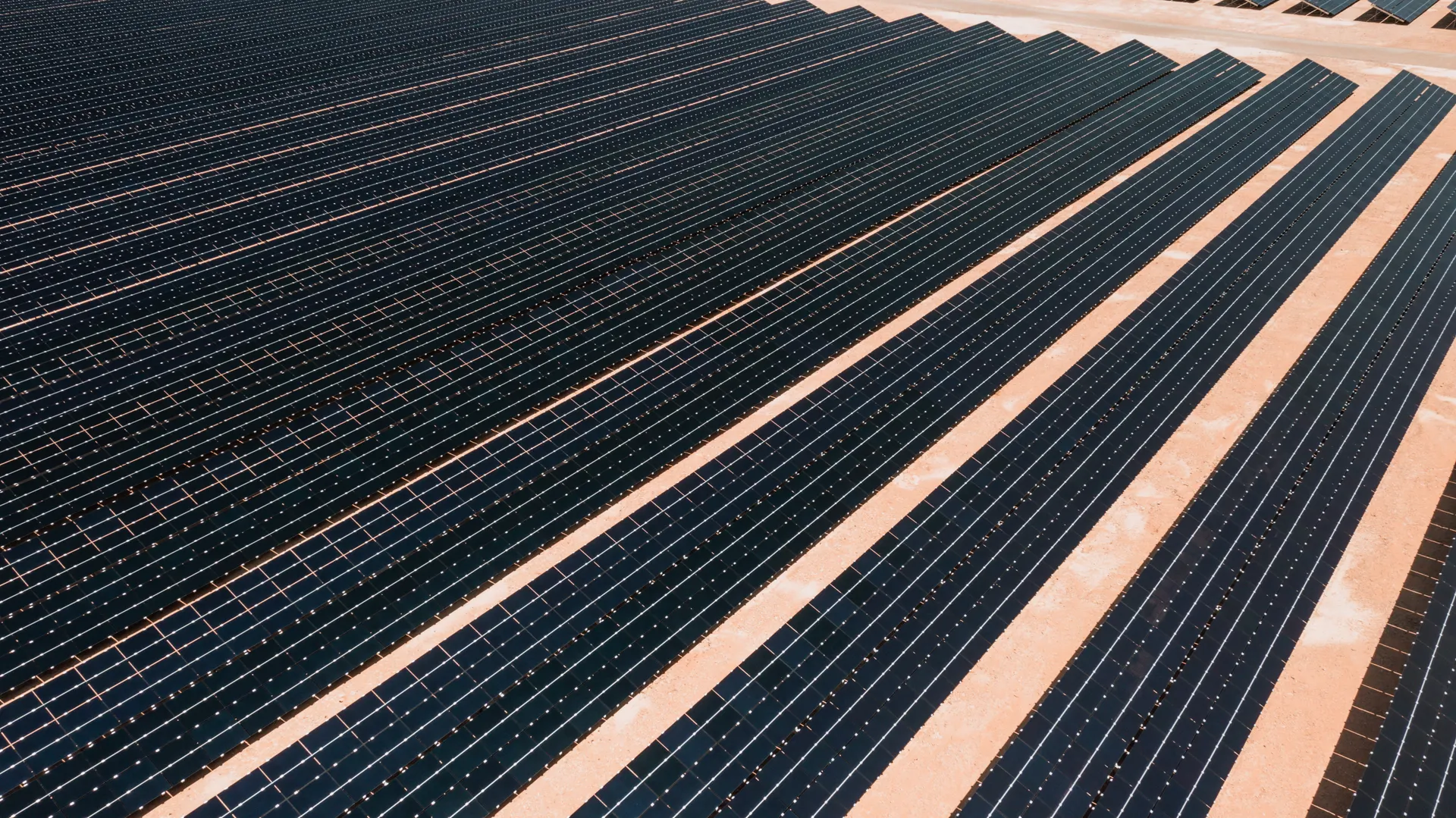 Aerial view of rows of solar panels with no people visible